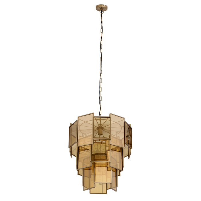PTMD Loucas hanglamp van messingkleurig metaal en geel glas, 56x56x72 cm met een strak geometrisch ontwerp.