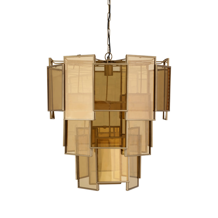 PTMD Loucas hanglamp van messing metaal en geel glas, 56x56x72 cm met een gelaagd geometrisch design.