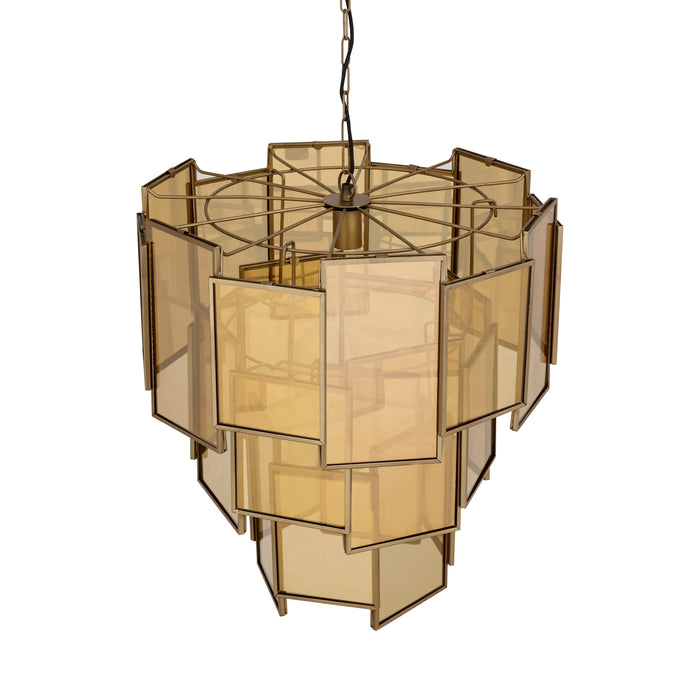 PTMD Loucas hanglamp van messing metaal en geel glas, 56x56x72 cm met een strak geometrisch ontwerp.