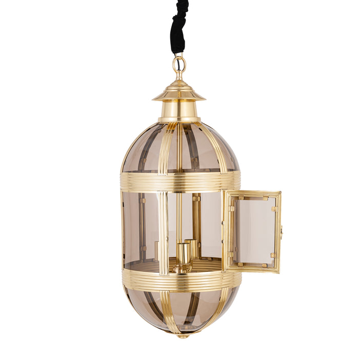 Ovale PTMD hanglamp van goudkleurig metaal en glas, 39x39x93 cm, met een decoratief openslaand zijpaneel.