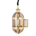 Ovale PTMD hanglamp van goudkleurig metaal en glas, 39x39x93 cm, met een decoratief openslaand zijpaneel.