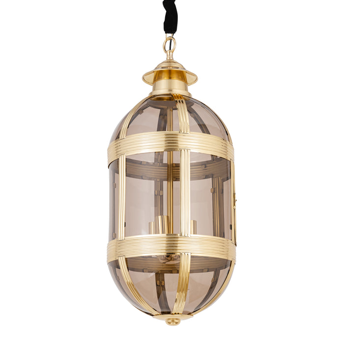 Ovale PTMD hanglamp van goudkleurig messing en glas, 39x39x93 cm, met een stijlvol en tijdloos design.