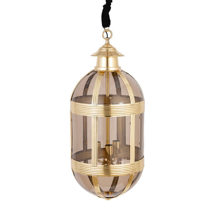 Ovale PTMD hanglamp van goudkleurig metaal en glas, 39x39x93 cm, met een stijlvolle messing afwerking.