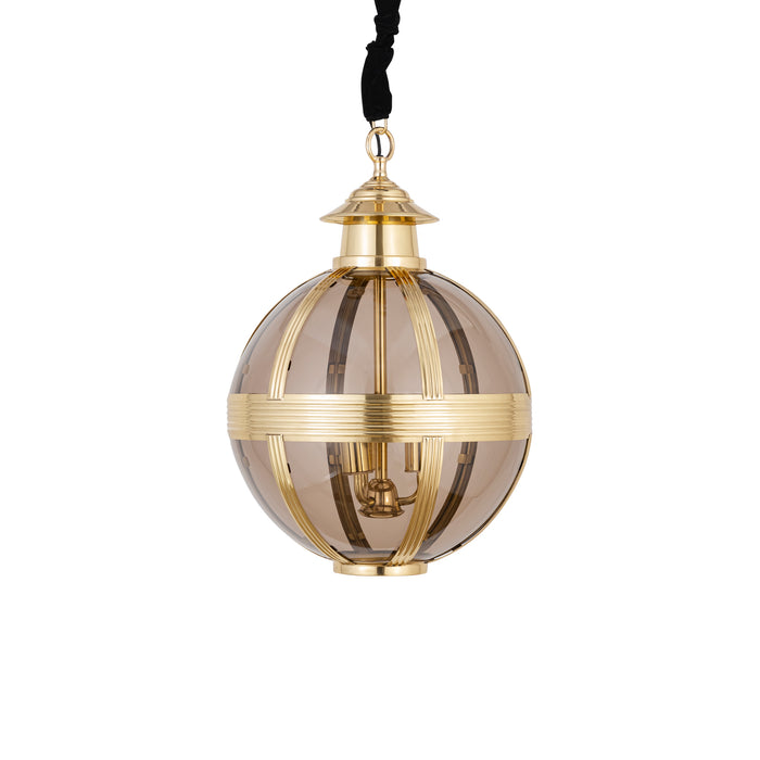 Ronde PTMD hanglamp van goudkleurig messing en glas, 46x46x66 cm, met een stijlvol en decoratief bolvormig design.