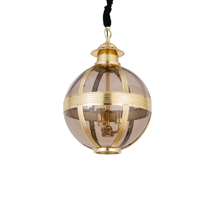 Ronde PTMD hanglamp van goudkleurig metaal en glas, 46x46x66 cm, met een stijlvol messing frame.