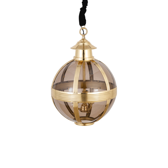 Ronde PTMD hanglamp in goudkleurig messing met glazen details, 46x46x66 cm.