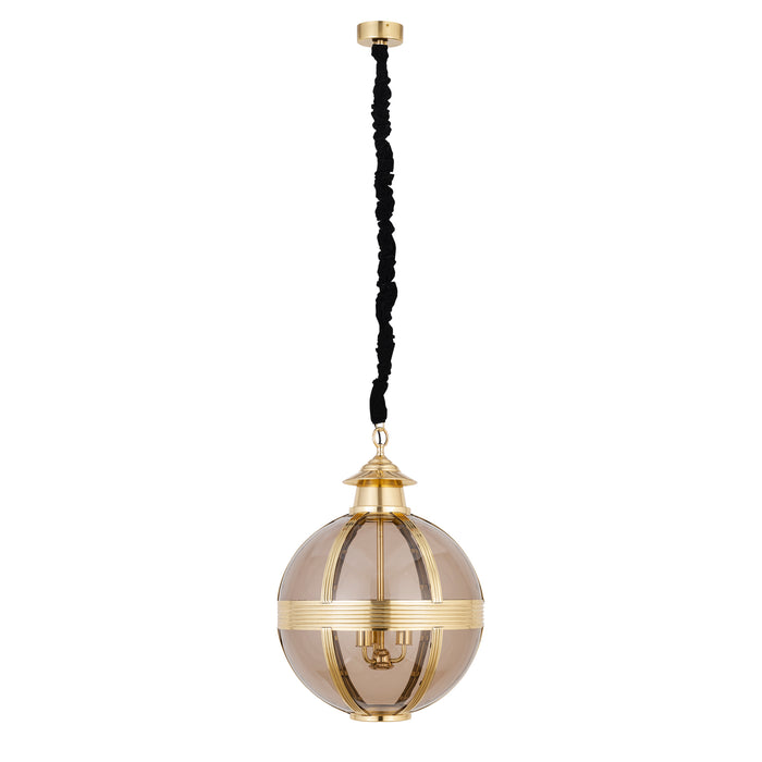 PTMD Tijdloze hanglamp met ronde glazen bol, messingkleurige details en zwarte ketting, 56x56x76 cm.