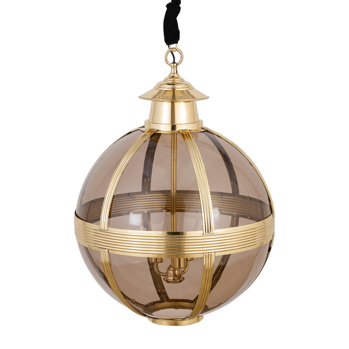 Grote ronde PTMD hanglamp van goudkleurig messing en glas, 66x66x91 cm, met een stijlvol en decoratief bolontwerp.