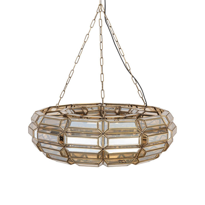 PTMD Tijdloze hanglamp van 70x70x21 cm met goudkleurig messing frame en decoratieve glazen panelen.