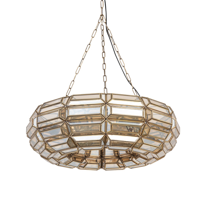 PTMD Tijdloze hanglamp van goudkleurig metaal en glas, 70x70x21 cm met een elegant geometrisch ontwerp.