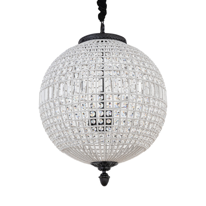 Tijdloze hanglamp van PTMD in bolvorm met grijs metaal en glinsterende kristallen, 65x65x85 cm.