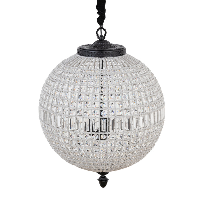 Grijze bolvormige hanglamp van PTMD met kristal en glas, 65x65x85 cm, met decoratieve metalen details.