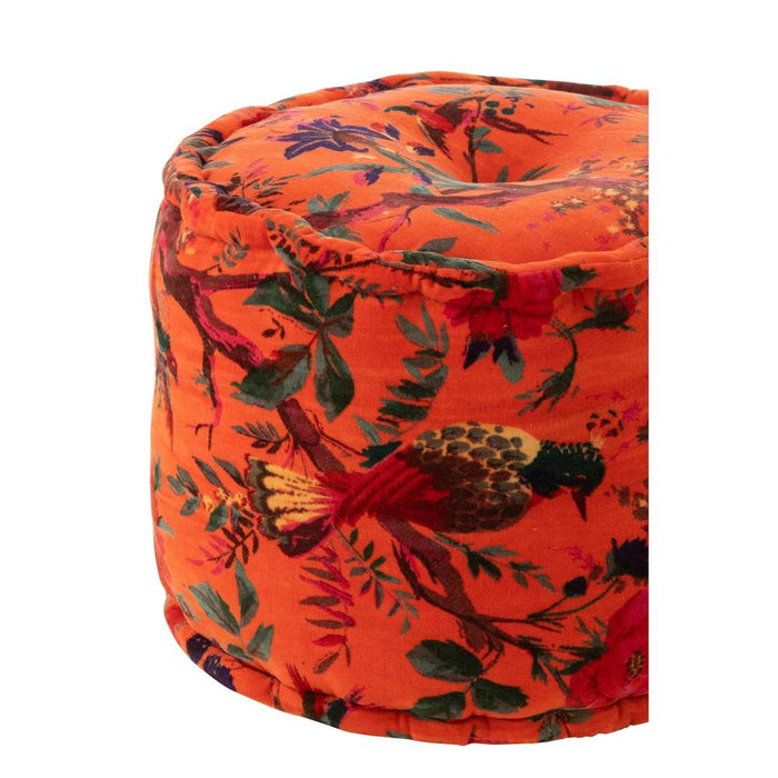 J-Line Poef rond vogels/bloemen katoenfluweel oranje-Poefs-J-Line