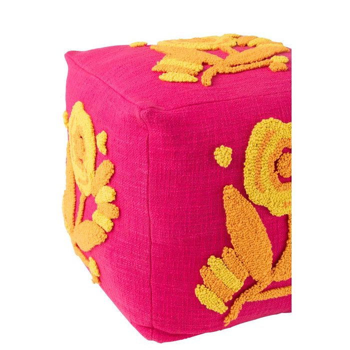 J-Line Poef vierkant bloem katoen roze/oranje/geel-Poefs-J-Line