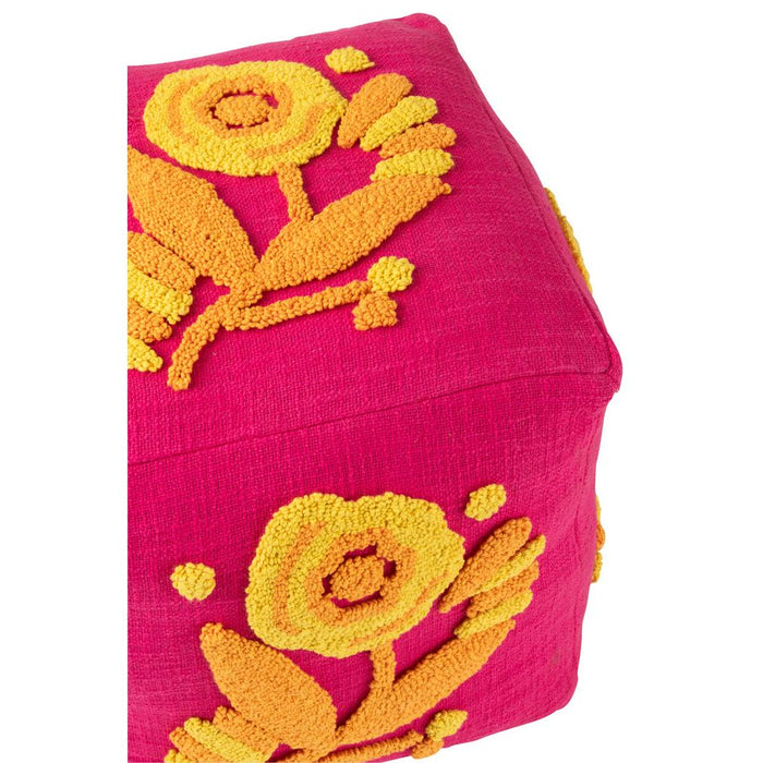 J-Line Poef vierkant bloem katoen roze/oranje/geel-Poefs-J-Line