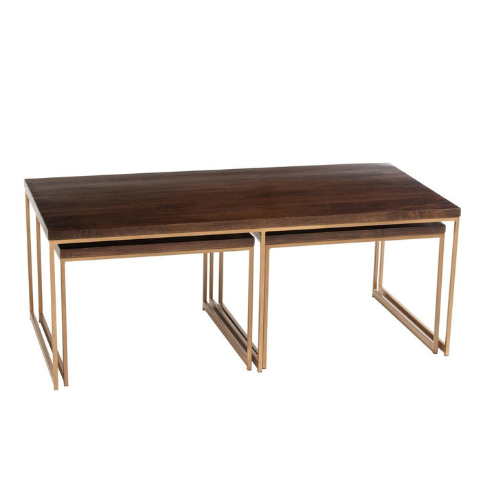 J-Line Salontafel rafi 3delig ijzer/mango hout goud/donker bruin-Salontafels-J-Line