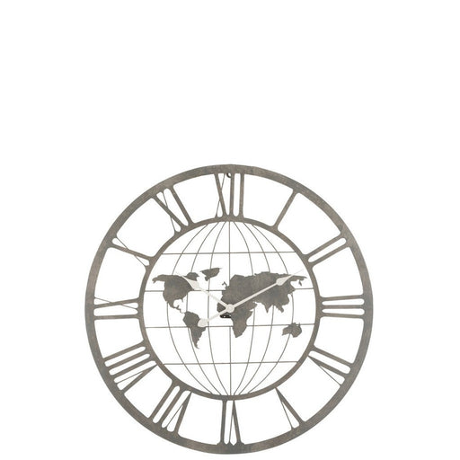 Klok Romeinse cijfers World Map Metaal Grijs 80x80x3.5 cm-Klokken-J-Line
