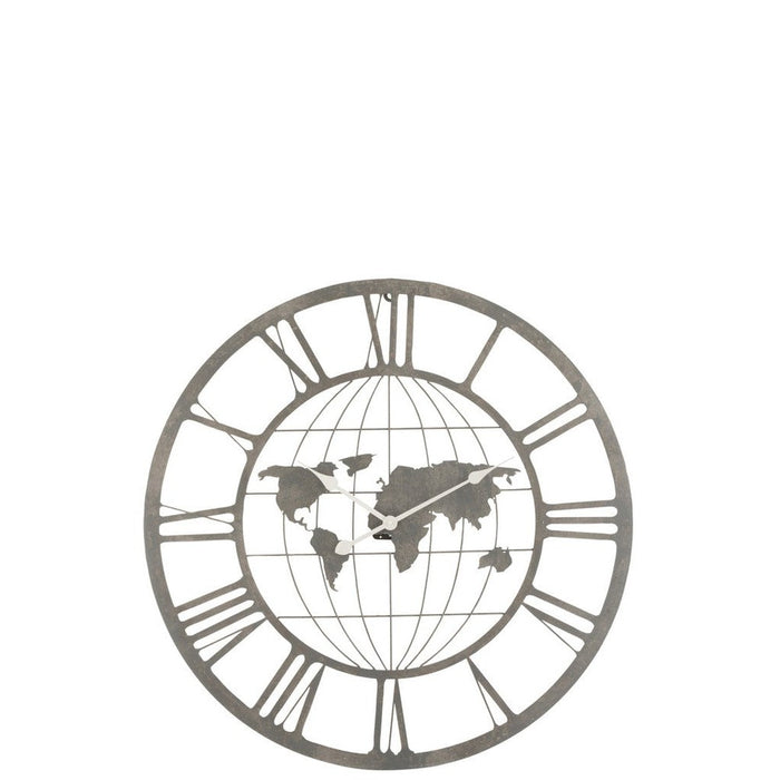 Klok Romeinse cijfers World Map Metaal Grijs 80x80x3.5 cm-Klokken-J-Line