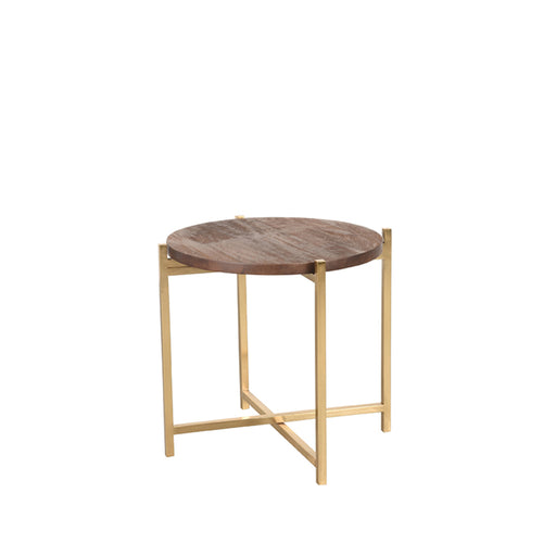 LABEL51 Dox bijzettafel met rond espresso mangohouten blad en goudkleurig metalen onderstel, 40x40x40 cm.
