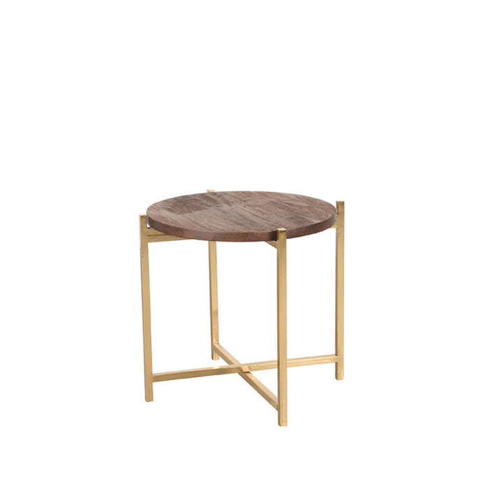 LABEL51 Dox bijzettafel met rond espresso mangohouten blad en goudkleurig metalen onderstel, 40x40x40 cm.