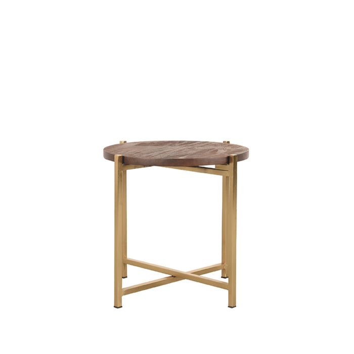 LABEL51 Dox bijzettafel met rond espresso mangohouten blad en goudkleurig metalen onderstel, 40x40x40 cm.