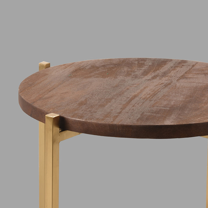 LABEL51 Dox bijzettafel met rond espresso mangohouten blad en goudkleurig metalen onderstel.