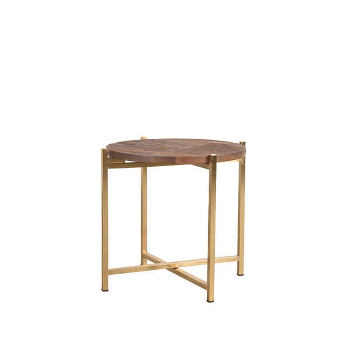 LABEL51 Dox bijzettafel van 40 cm met rond espresso mangohouten blad en goudkleurig metalen onderstel.