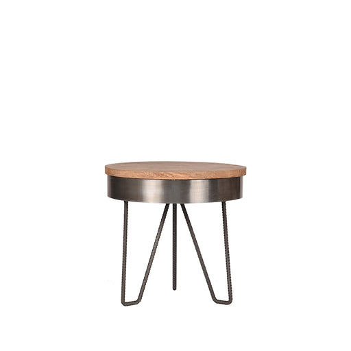 LABEL51 Saran ronde bijzettafel met grijs metalen frame en houten blad, 44 cm breed.
