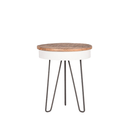 LABEL51 Saria bijzettafel met rond houten blad, witte metalen rand en slanke, grijze metalen hairpin poten (44 cm).