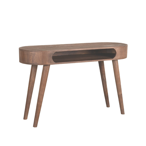 LABEL51 Bella bureau van espresso mangohout met een ovaal blad en schuine houten poten, 120 cm breed.