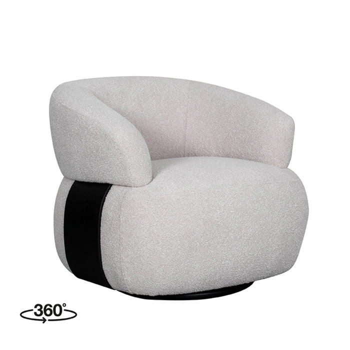 LABEL51 draaifauteuil Valenza in naturel bouclé met zwart eikenhouten onderstel, 83x79x73 cm.