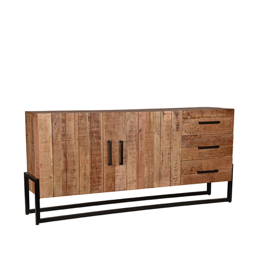 LABEL51 dressoir Bolivia van 184 cm in rough mangohout met zwart metalen frame, deuren en drie lades.