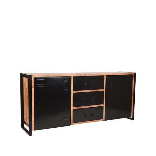 Industrieel dressoir van ruw mangohout en zwart metaal met drie lades en twee deuren, 190x45x85 cm.