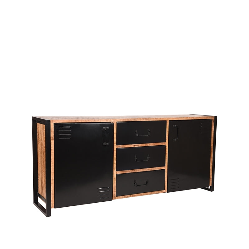 Industrieel dressoir van ruw mangohout en zwart metaal met drie lades en twee deuren, 190x45x85 cm.