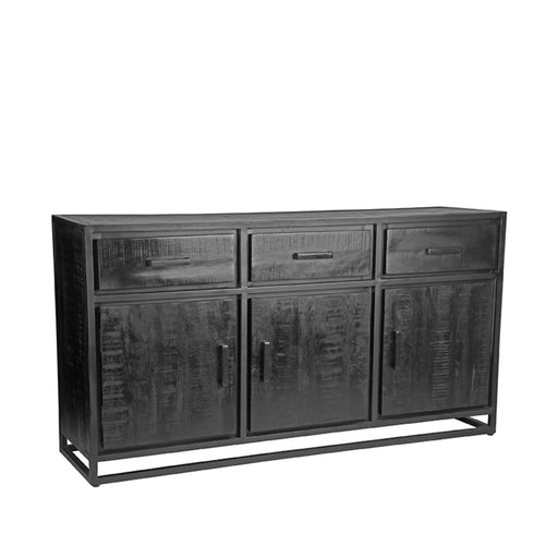 Zwart 170cm dressoir van mangohout met drie lades en drie deuren in een robuust industrieel ontwerp.