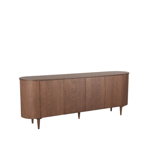 LABEL51 dressoir Oliva in walnoot en eiken, 220 cm breed met vier deuren en een elegant afgerond design.