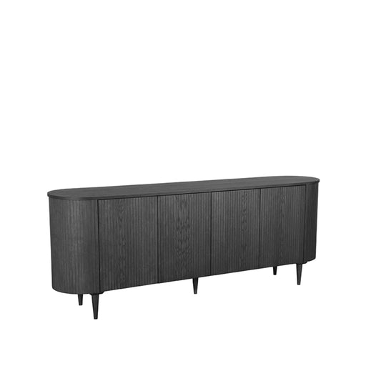 LABEL51 Oliva dressoir van 220 cm in zwart eiken met afgeronde hoeken en een modern geribbeld design.
