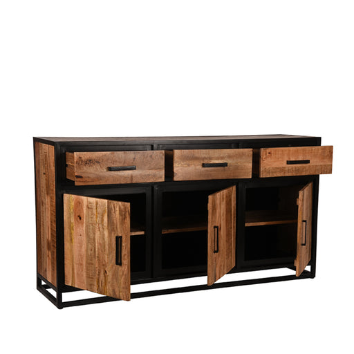 LABEL51 dressoir Tampa van 170x45x90 cm in rough mangohout met zwart metalen frame, drie lades en drie deuren.