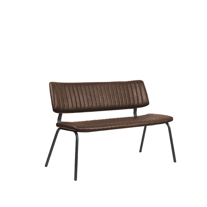 LABEL51 Gusto eetkamerbank van 120 cm in bruin kunstleder met een stijlvol doorgestikt design en zwart metalen frame.