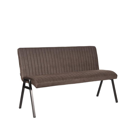 Antraciet microvezel eetkamerbank Matz 145 cm met verticale stiknaden en een zwart metalen V-onderstel.
