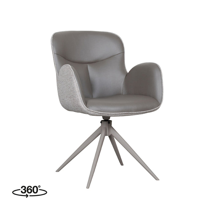 Taupe LABEL51 Lasse eetkamerstoel van microvezel met armleuningen en een 360 graden draaibaar metalen onderstel.
