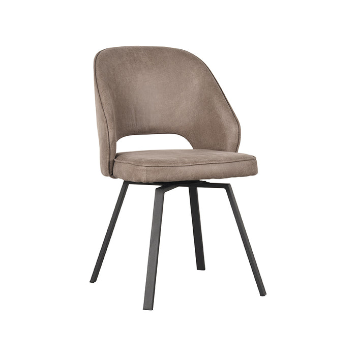 Draaibare LABEL51 Lewis eetkamerstoel in taupe micro-suède met zwart metalen onderstel, 52x58x84 cm.