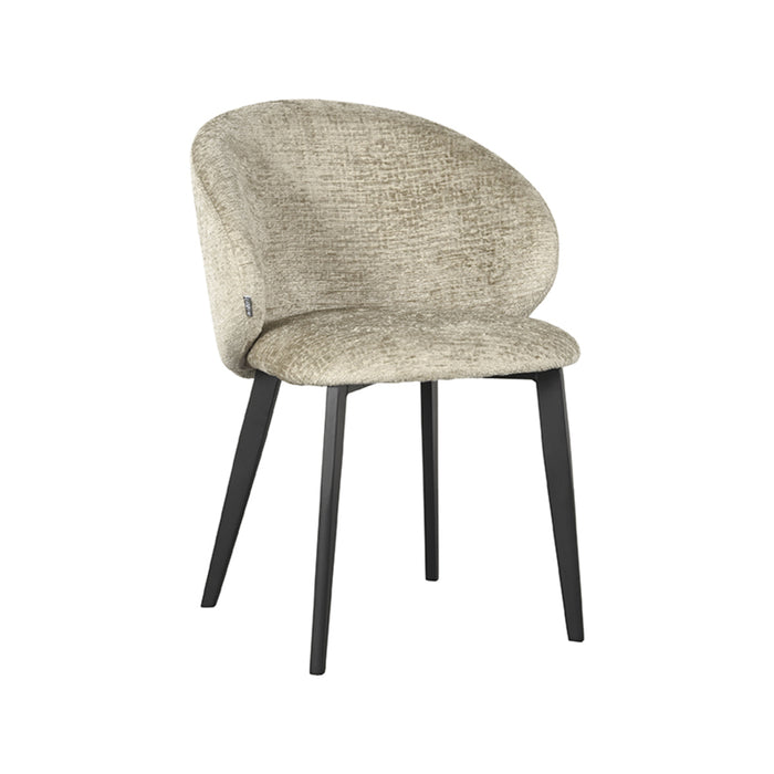 Beige eetkamerstoel Logan met ronde kuipzitting in Elegance-stof op een zwart metalen frame, 57x62x84 cm.