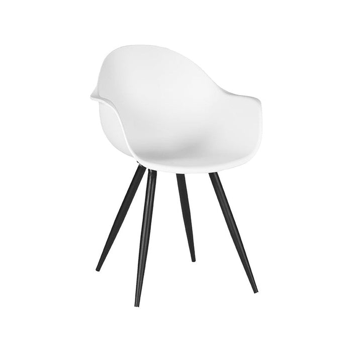 Witte LABEL51 Luca eetkamerstoel met kunststof kuip, armleuningen en zwart metalen onderstel.