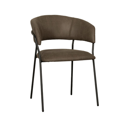 LABEL51 Luuk eetkamerstoel in moskleurig microsuède met een slank zwart metalen onderstel.