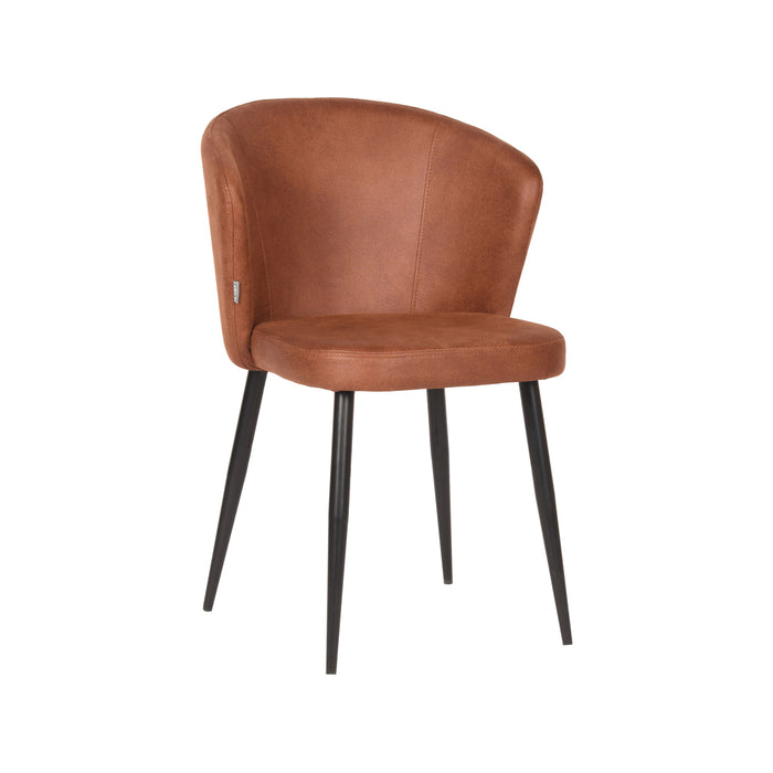 LABEL51 Wave eetkamerstoel in cognac microvezel met golvende rugleuning en zwarte metalen poten (58x60x85 cm).