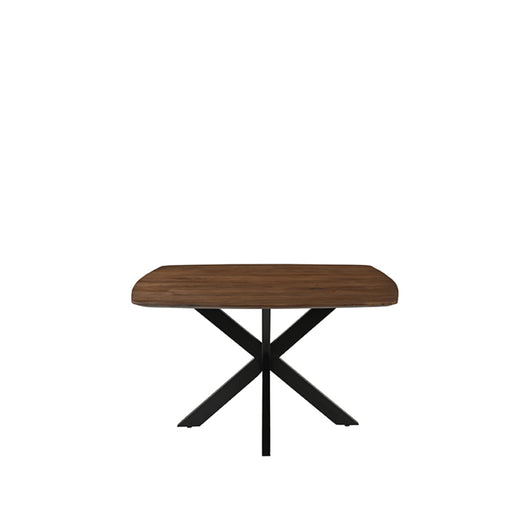 LABEL51 Blake eettafel van 140x140 cm met een glad mangohouten blad en een zwart metalen kruispoot onderstel.