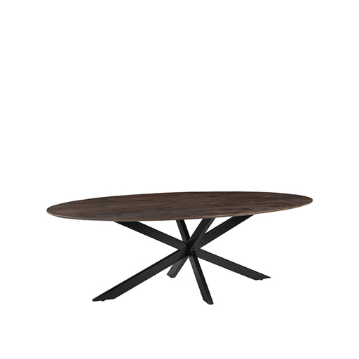 Ovale LABEL51 eettafel James van 210 cm in espresso mangohout met een zwart metalen kruispoot onderstel.
