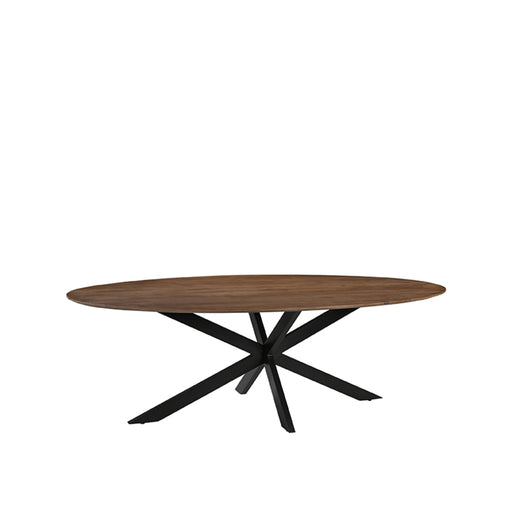 Ovale LABEL51 eettafel James van 210 cm met glad mangohouten blad en zwart metalen kruispoot.