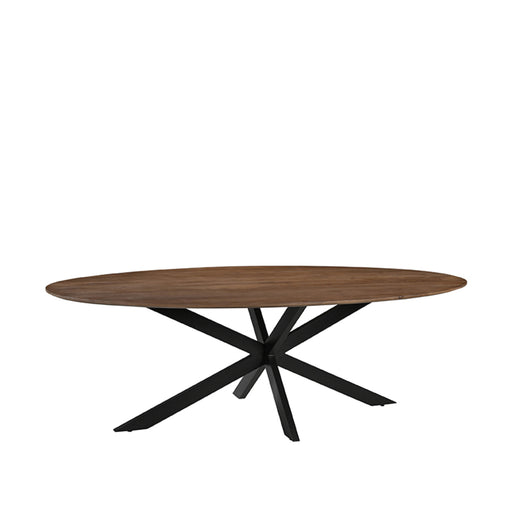 Ovale LABEL51 eettafel James van 240 cm met een glad mangohouten blad en een zwart metalen spinpoot onderstel.